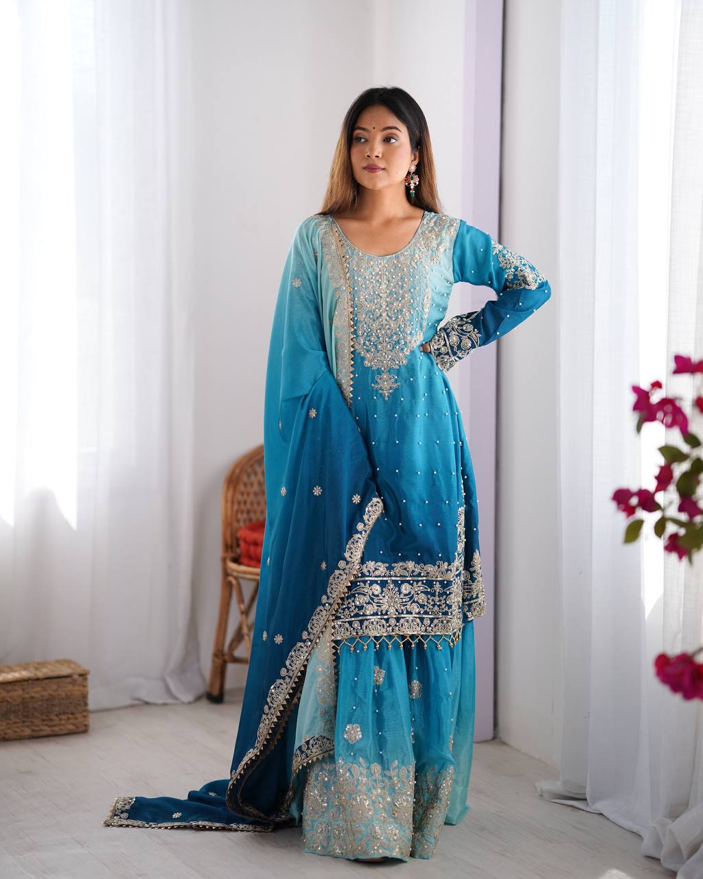 SP-01 – Premium Chinon Silk Kurta Plazzo Set with Dupatta | Sequin Work - Blue