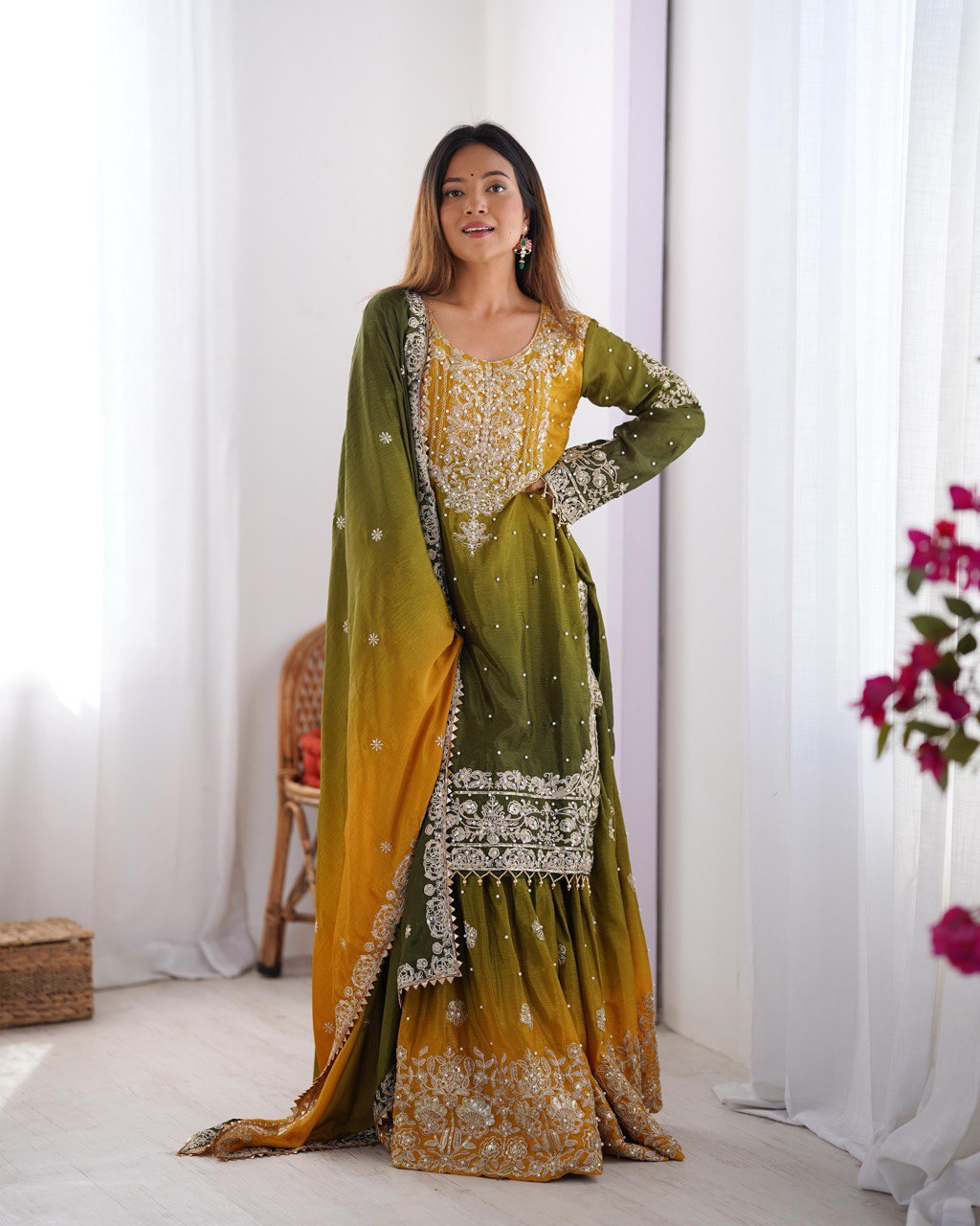 SP-01 – Premium Chinon Silk Kurta Plazzo Set with Dupatta | Sequin Work - Yellow-Green