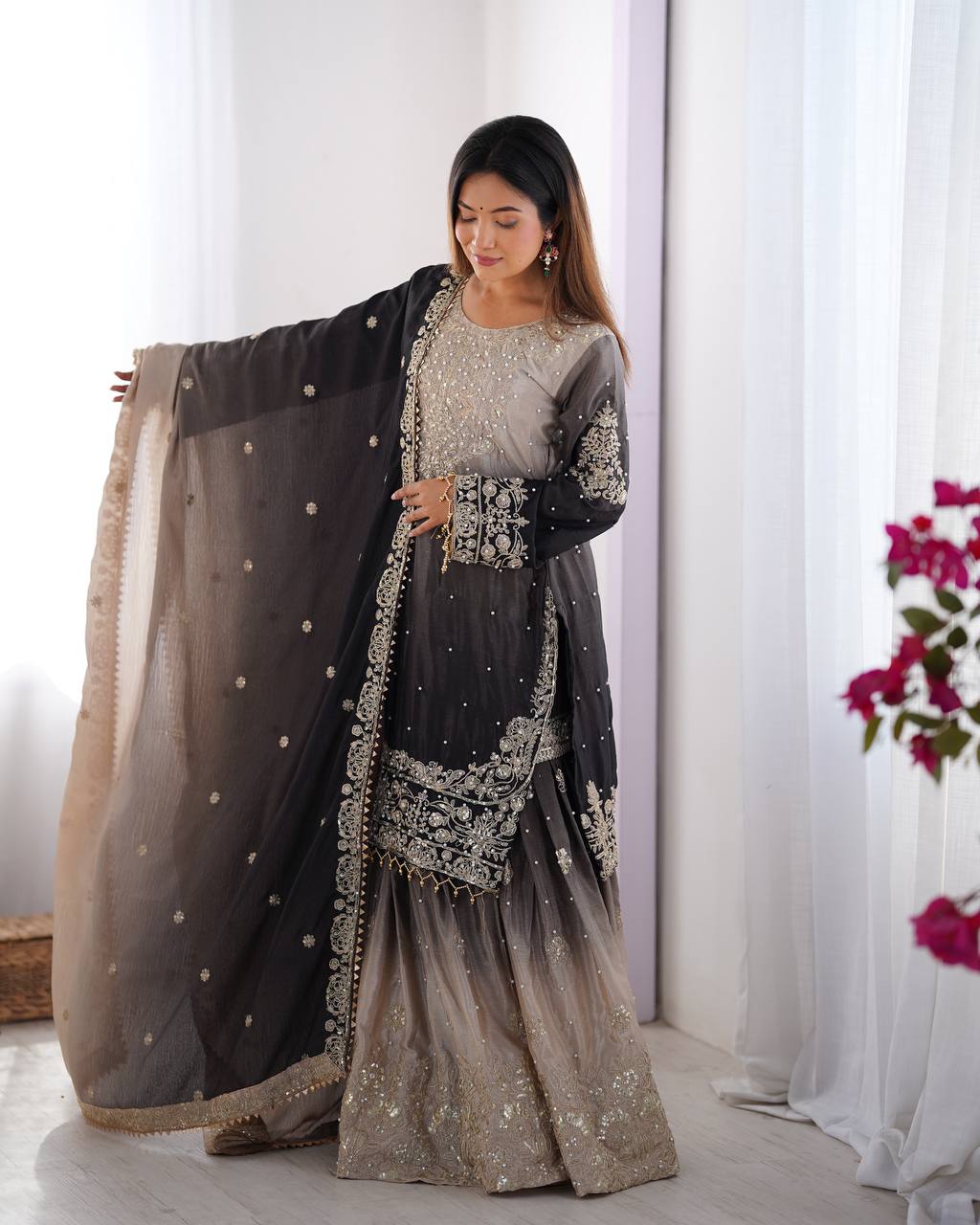 SP-01 – Premium Chinon Silk Kurta Plazzo Set with Dupatta | Sequin Work - Black and Grey
