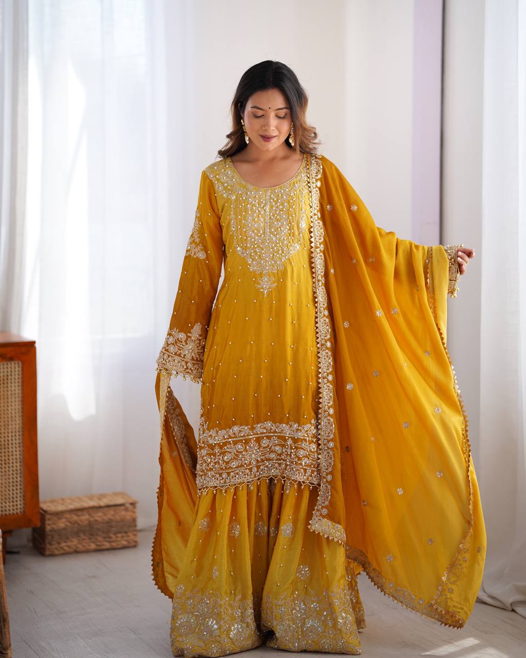 SP-01 – Premium Chinon Silk Kurta Plazzo Set with Dupatta | Sequin Work - Yellow