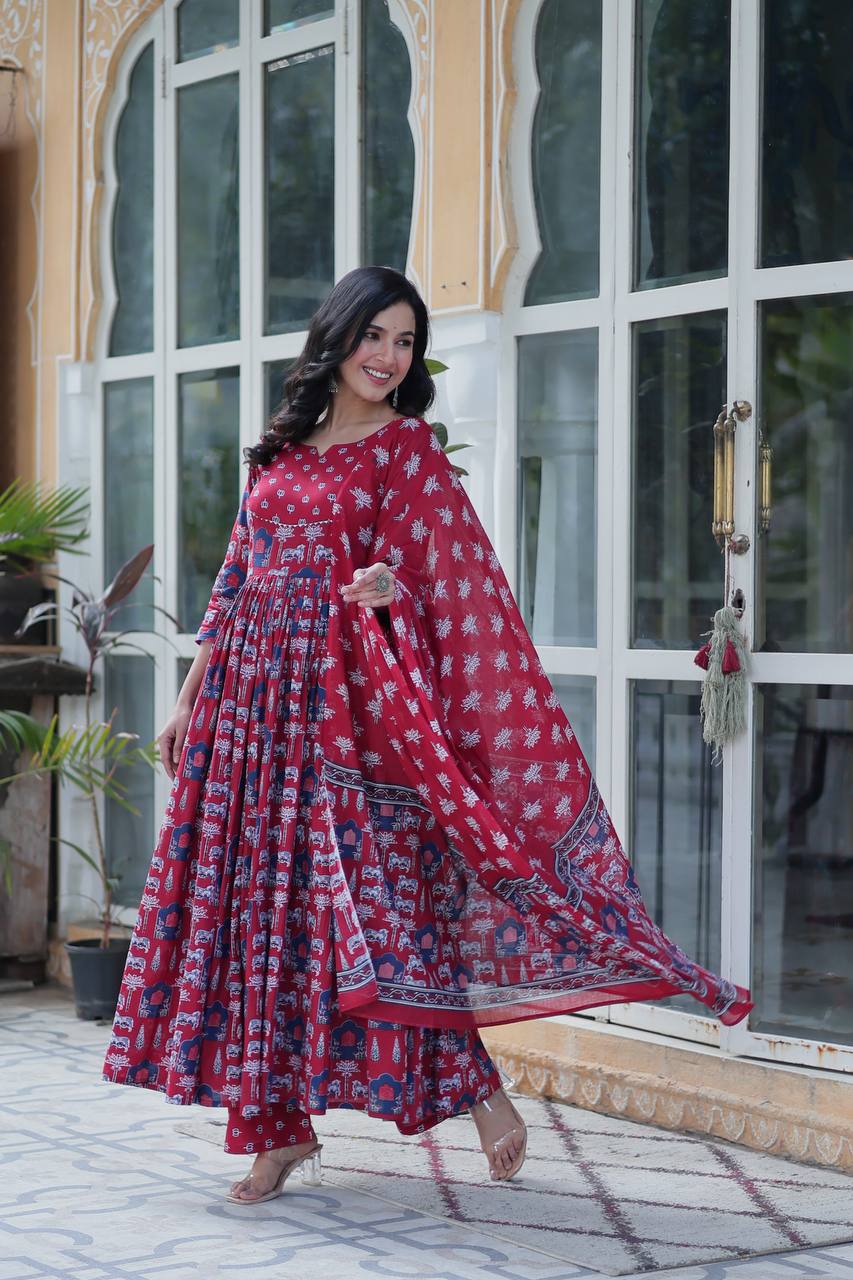 LW-9222 | Premium Cotton Kurti with Pant & Dupatta Set – Maroon & Black Colours - Maroon